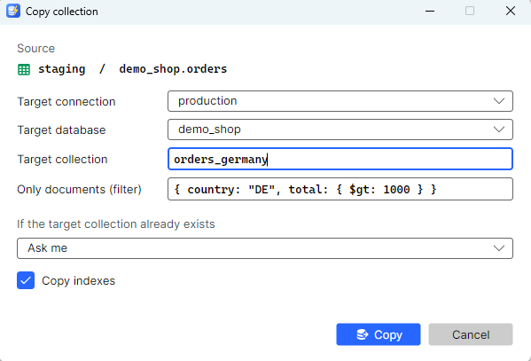 BsonJet Copy collection dialog: target connection, database and collection, a filter, what to do if the target exists, and Copy indexes