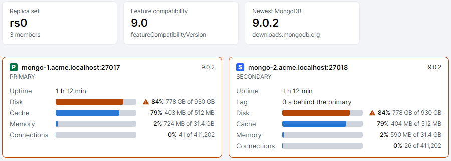 BsonJet cluster overview: replica set rs0, feature compatibility 9.0, newest MongoDB 9.0.2, and the primary and a secondary with disk, cache, memory and connections